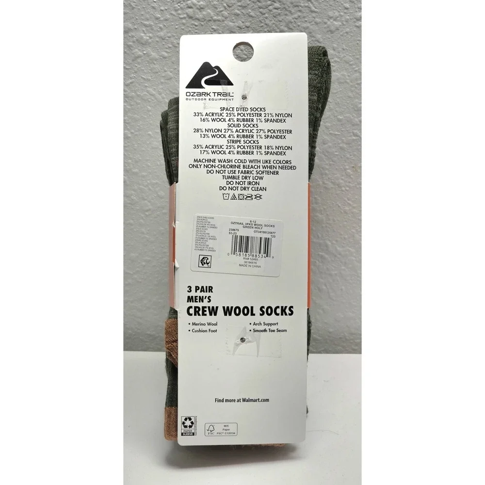 Men's Ozark Trail Wool Blend Crew Socks 3‎ Pair Size 6-12 Green